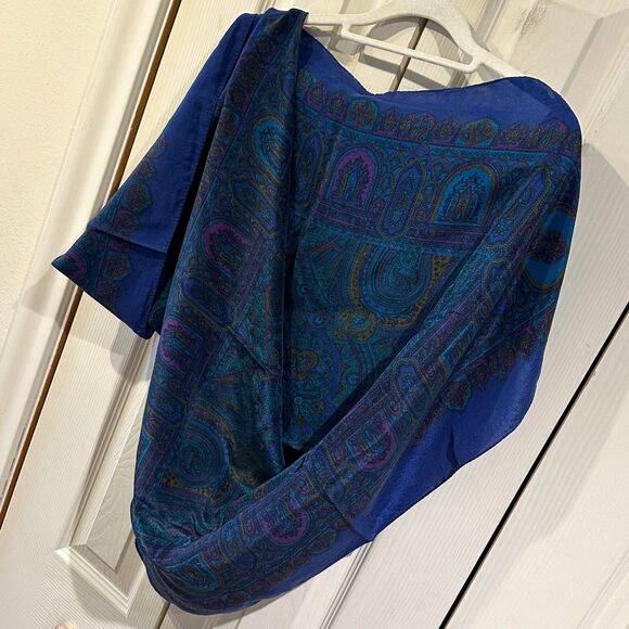 VTG Large Square Silk Cobalt Blue Teal Purple Jewel Toned Paisley Mosaic Scarf - Picture 8 of 16